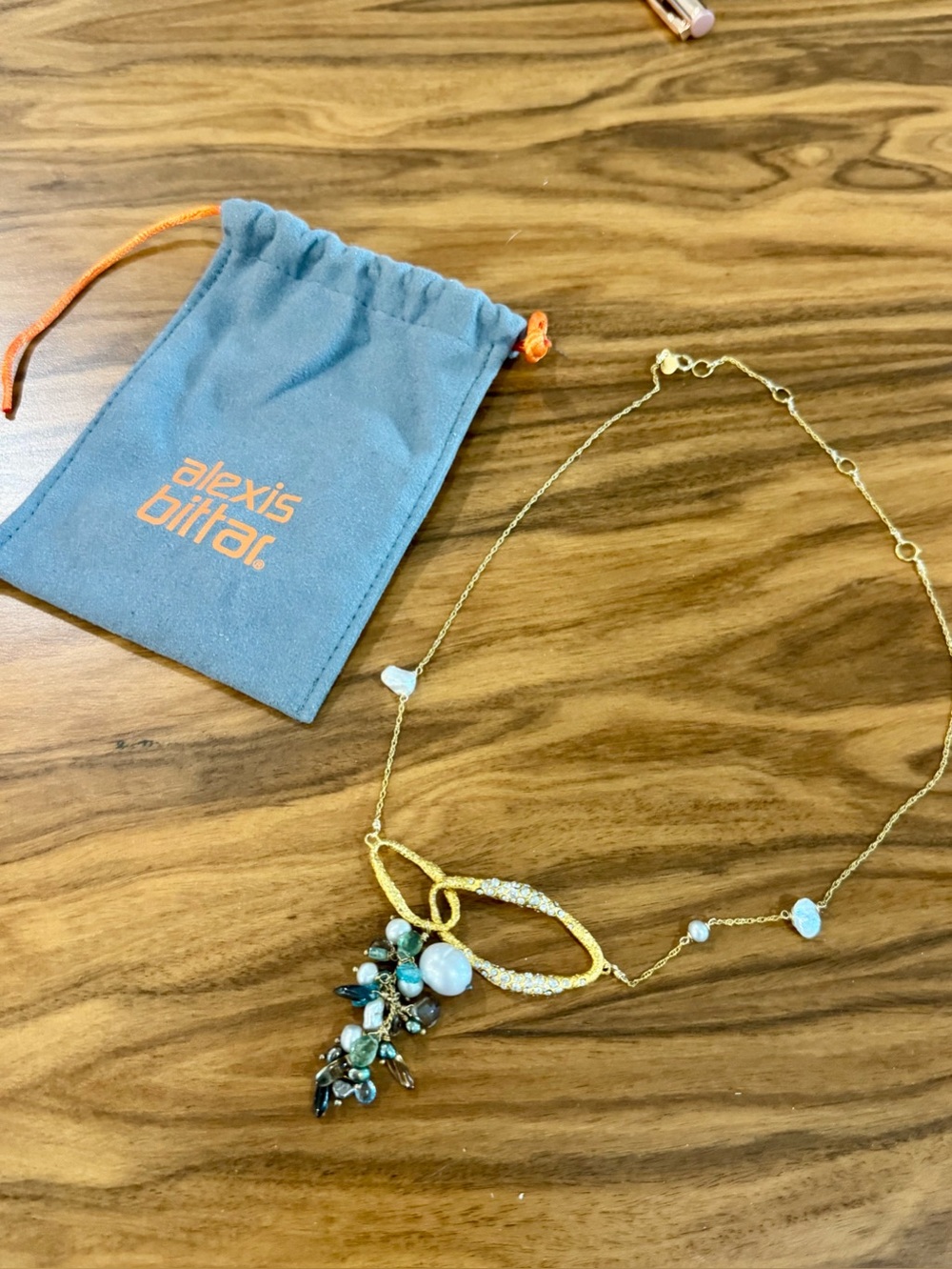 Alexis Bittar Gold Pendant Necklace with Blue and Green Stone Cluster